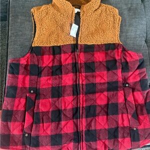 Maurices Red and Black Plaid Vest with Tan Sherpa, *Brand New*, Size 2